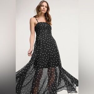 Ever New Brandy Polka Dot Maxi Dress Black White Sheer Overlay Romantic Size 12